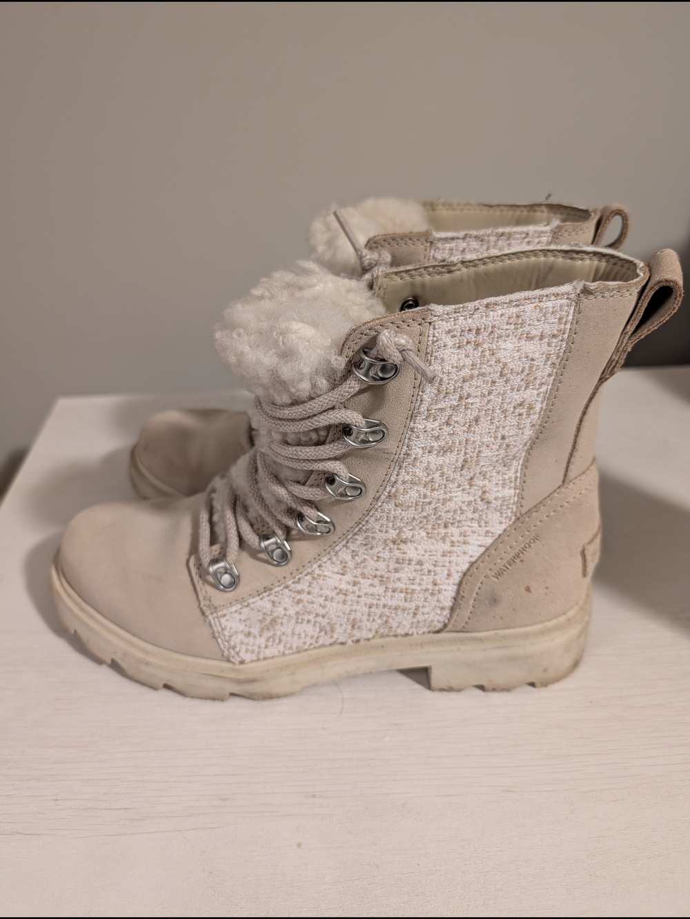Sorel Cozy Taupe Lace-Up Shearling Combat Boots